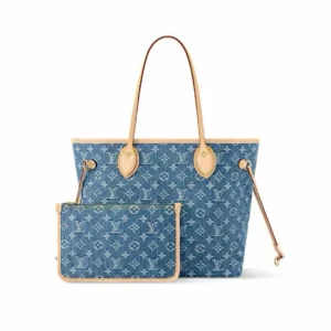 Louis Vuitton Neverfull MM tote bag blue monogram denim with natural leather trim and pouch