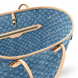 Louis Vuitton Neverfull MM 2022 blue jacquard denim tote bag beige leather trim