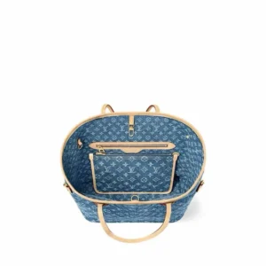 Louis Vuitton Neverfull MM blue monogram denim tote bag natural leather trim interior pockets