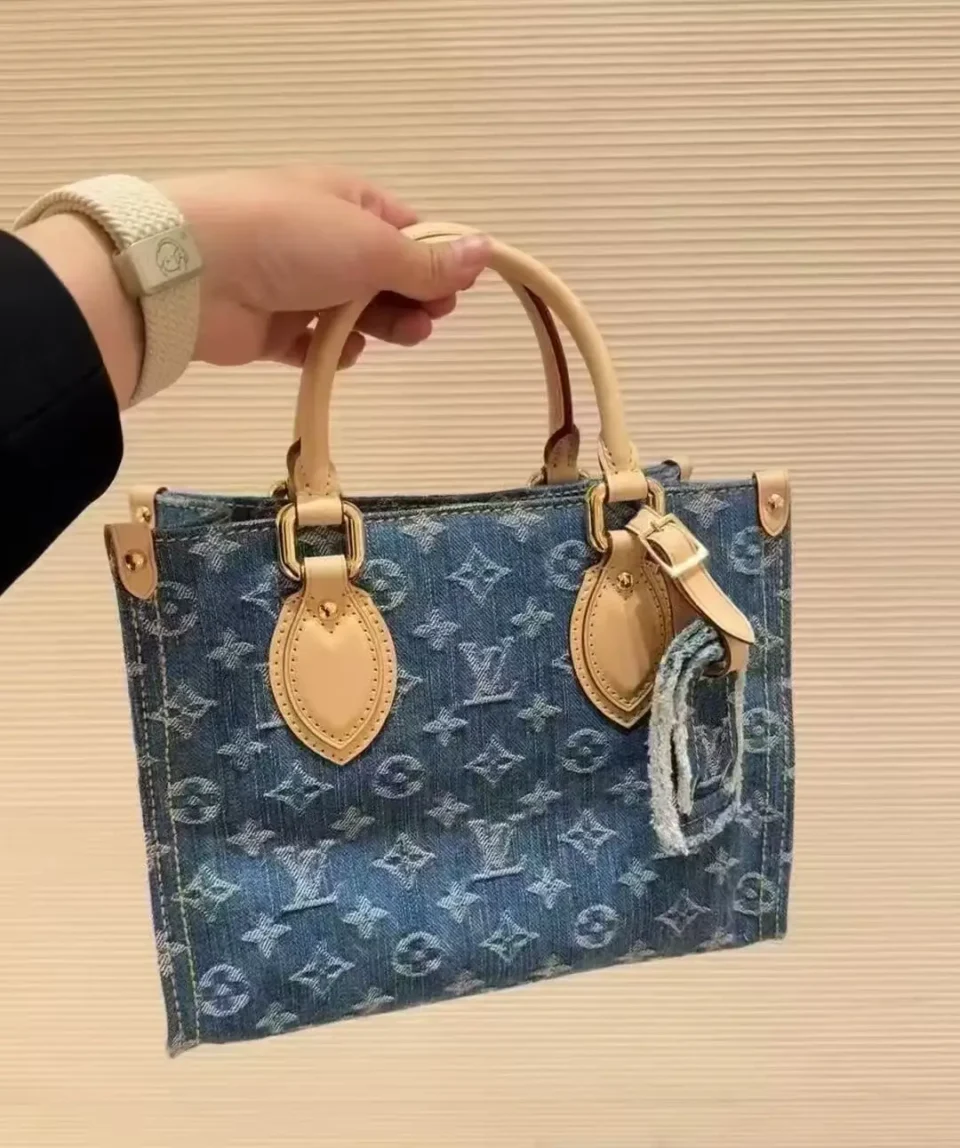 Louis Vuitton Onthego PM small tote bag blue monogram denim beige leather handles