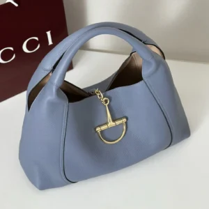 Gucci Horsebit 1961 medium blue textured leather handbag with gold-tone hardware buckle clasp