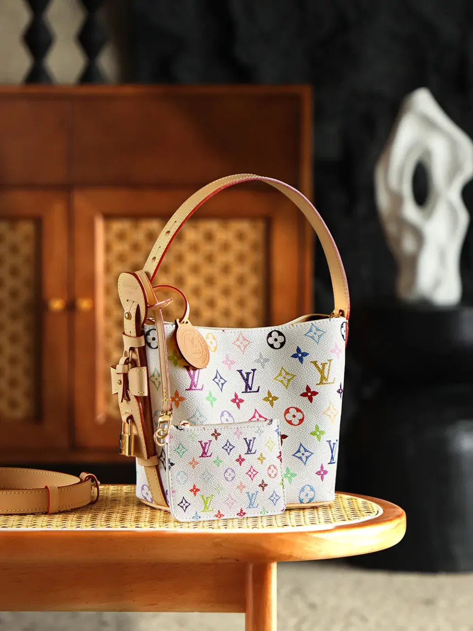 Louis Vuitton Multicolor Petit Noe PM white canvas multicolor monogram leather handbag with matching pouch