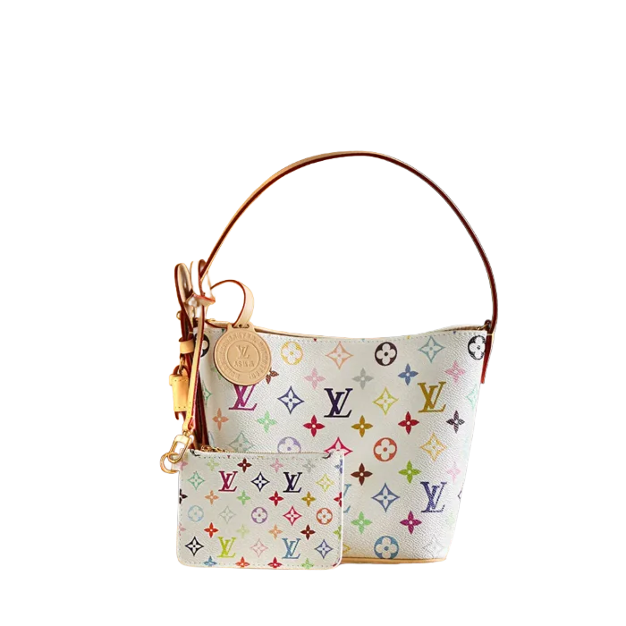 Louis Vuitton multicolor handbag with a matching small pouch, showcasing a vibrant design and elegant craftsmanship, featured as a luxury accessory on an e-commerce page.