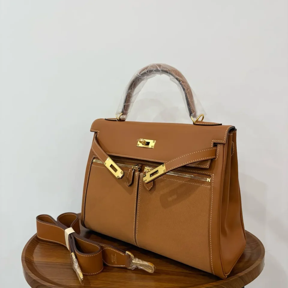 Hermès Kelly 32 bag brown canvas leather medium size gold hardware