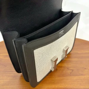 Hermes Constance 18 bag black leather canvas medium silver hardware clasp closure