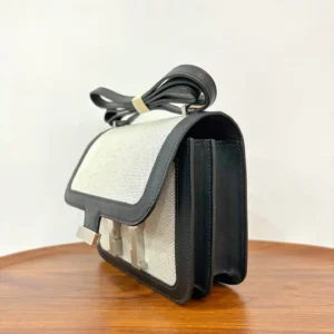 Hermès Constance 23 bag black leather canvas small size silver hardware buckle closure