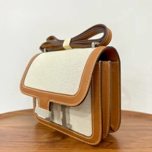 Hermès Constance 24 bag natural beige canvas and brown leather with silver hardware medium size