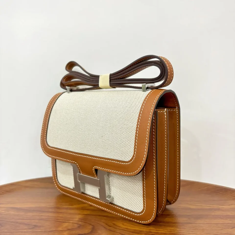 Hermès Constance 24 bag beige canvas tan leather silver hardware medium size
