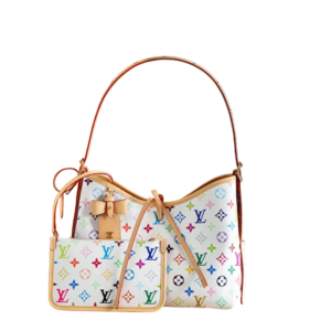 Carryall white tri color bag by Louis Vuitton featuring colorful monogram design, leather accents, and a smaller matching pouch, showcasing a retro aesthetic.