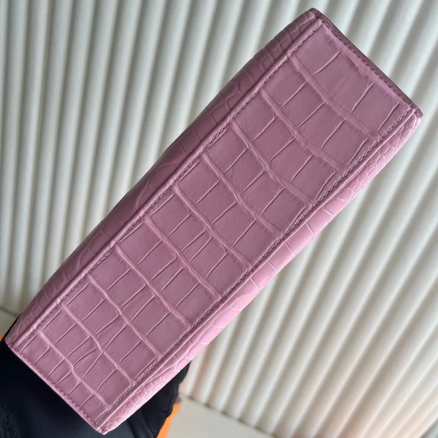 Hermès Bearn Long Wallet pink crocodile embossed leather clutch bag luxury accessory