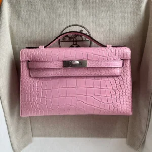 Hermes Kelly 28 clutch pink alligator leather bag silver hardware