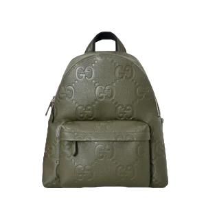 Gucci GG embossed small backpack green leather with front zip pocket and top handle