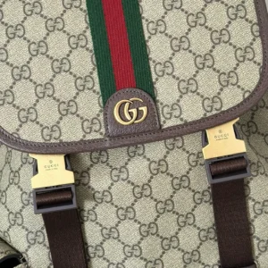 Gucci backpack medium GG canvas beige brown leather green red webbing gold hardware bag
