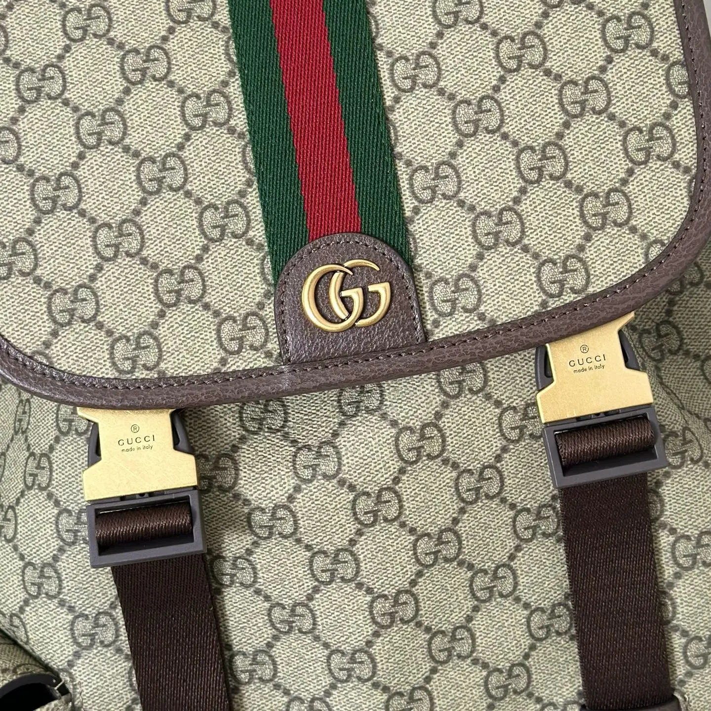 Gucci backpack medium GG canvas beige brown leather green red webbing gold hardware bag