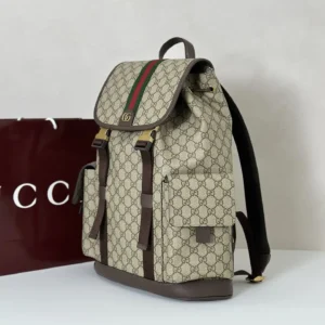 Gucci GG Supreme backpack medium beige canvas brown leather green red web stripe bag