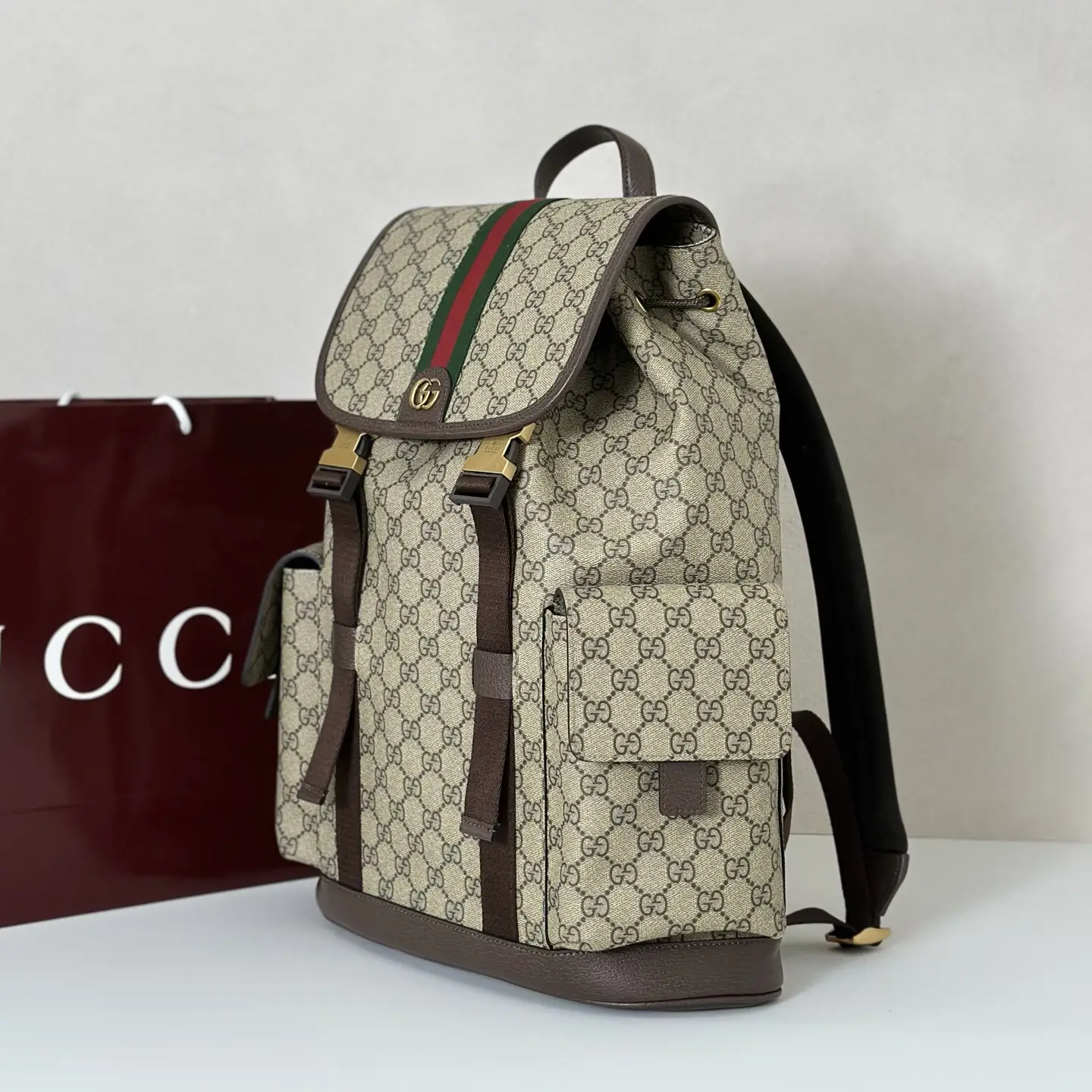 Gucci GG Supreme backpack medium beige canvas brown leather green red web stripe bag