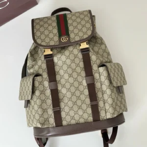 Gucci backpack medium beige GG canvas brown leather green red web stripe with gold hardware