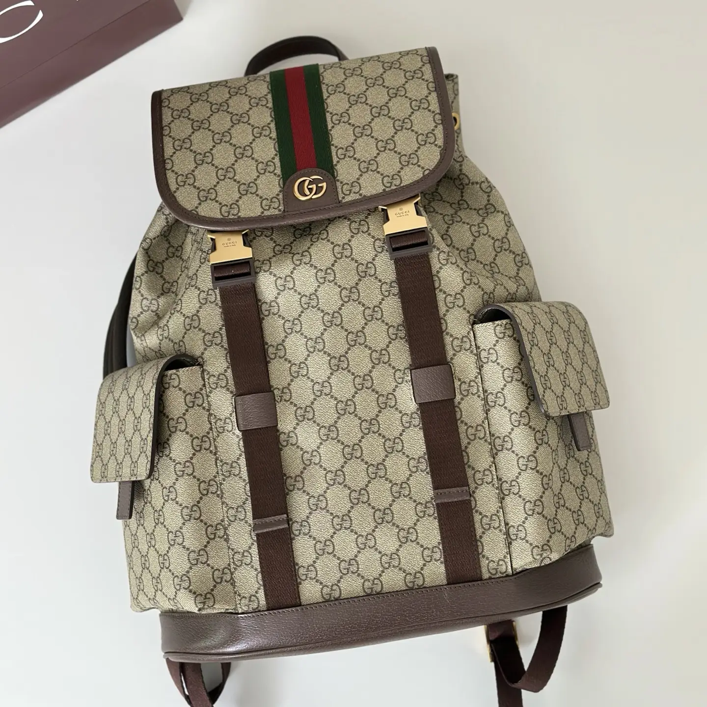 Gucci backpack medium beige GG canvas brown leather green red web stripe with gold hardware