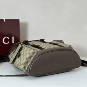 Gucci backpack medium beige monogram canvas brown leather trim bag with buckle straps