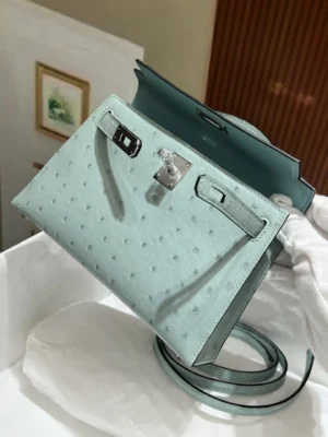 Herm&egrave;s Kelly 20 bag pastel blue ostrich leather silver hardware medium size with strap
