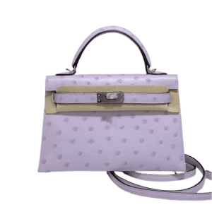Hermès Kelly 25 bag lilac ostrich leather top handle with silver hardware and detachable strap