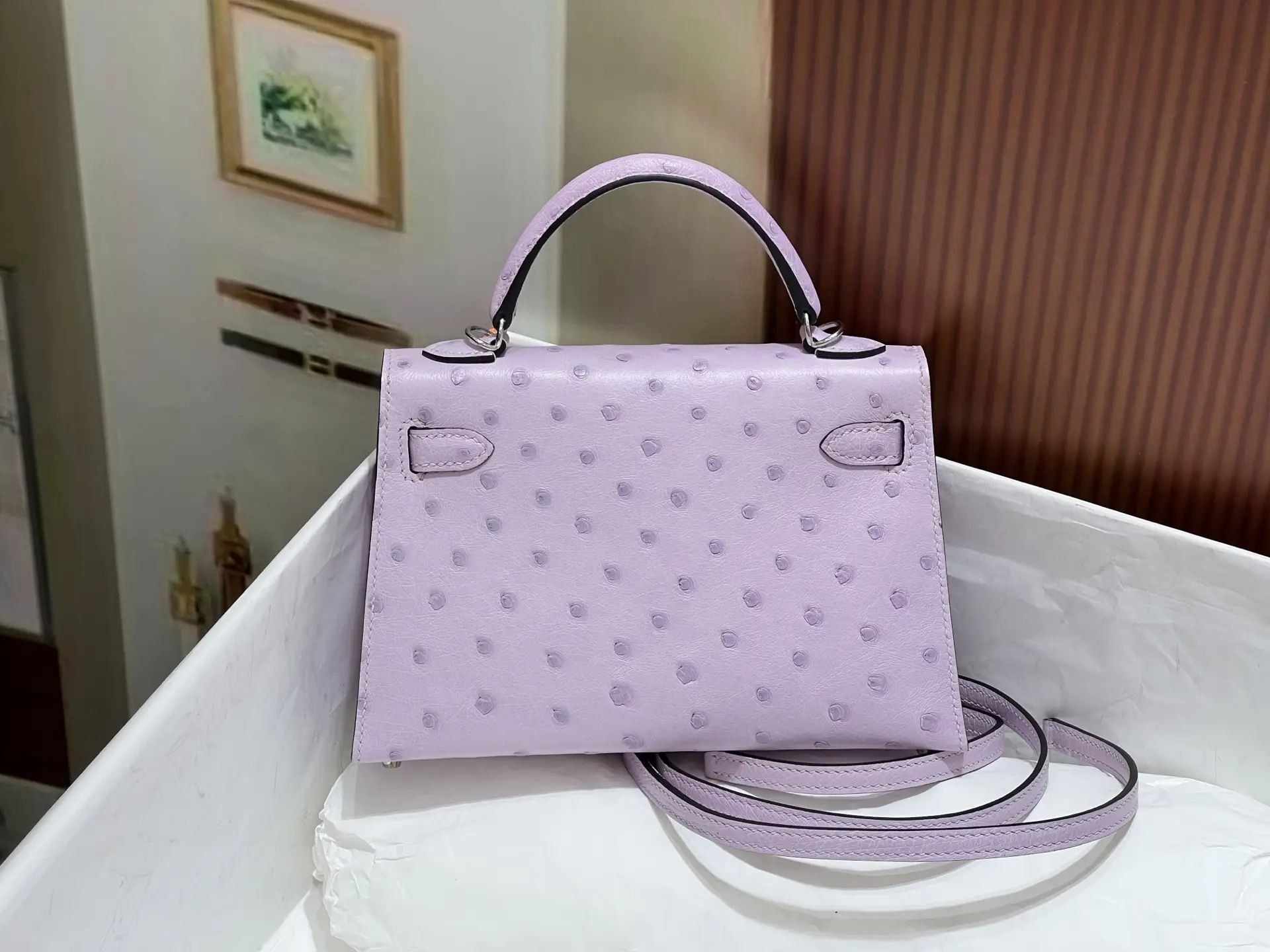 Hermès Kelly 25 handbag lilac ostrich leather small top handle with shoulder strap