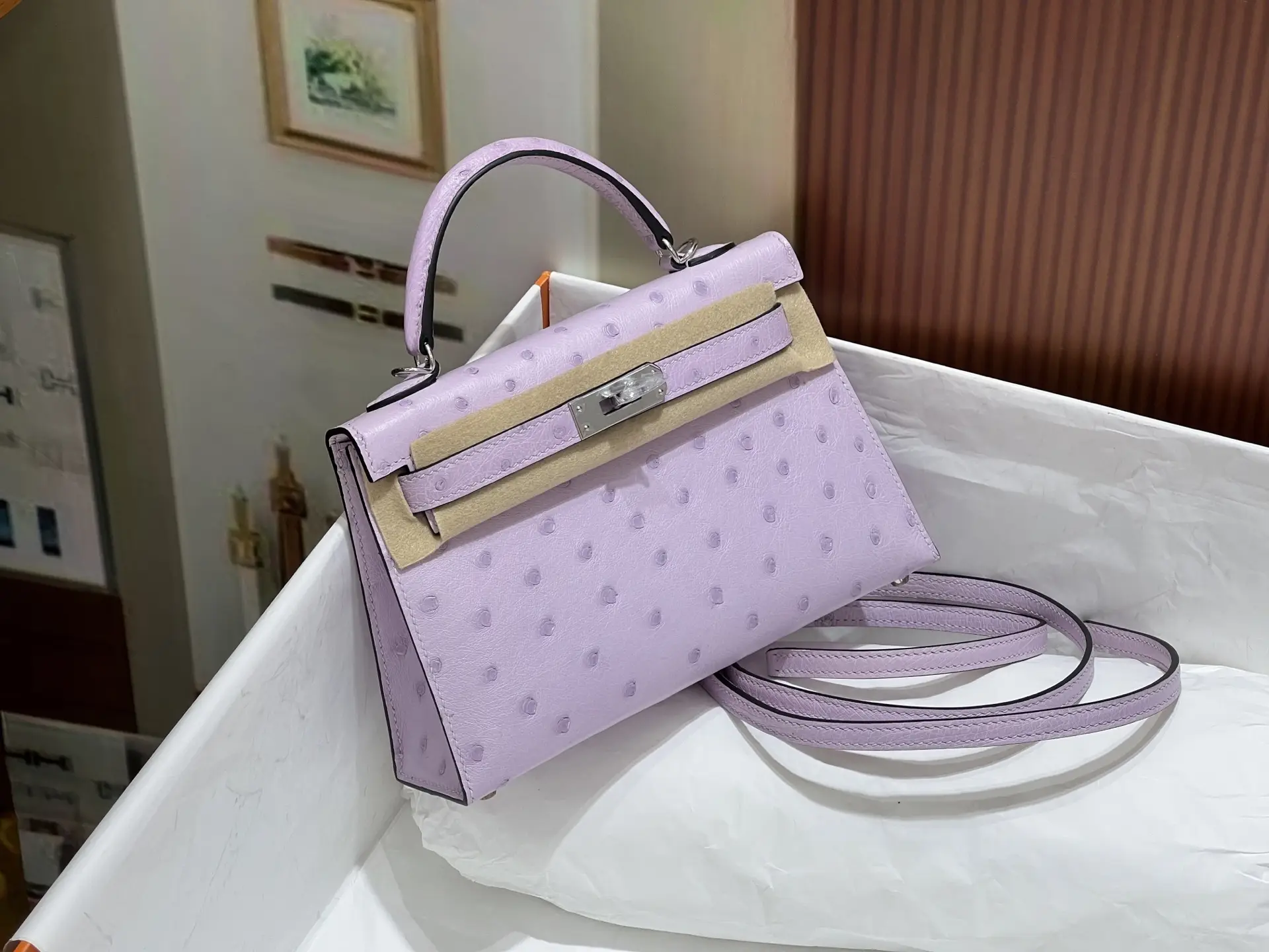 Hermès Kelly 20 bag lilac ostrich leather silver hardware small size