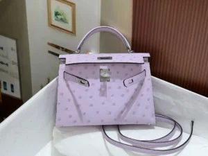 Hermes Kelly 25 ostrich leather handbag lilac silver hardware with top handle and shoulder strap