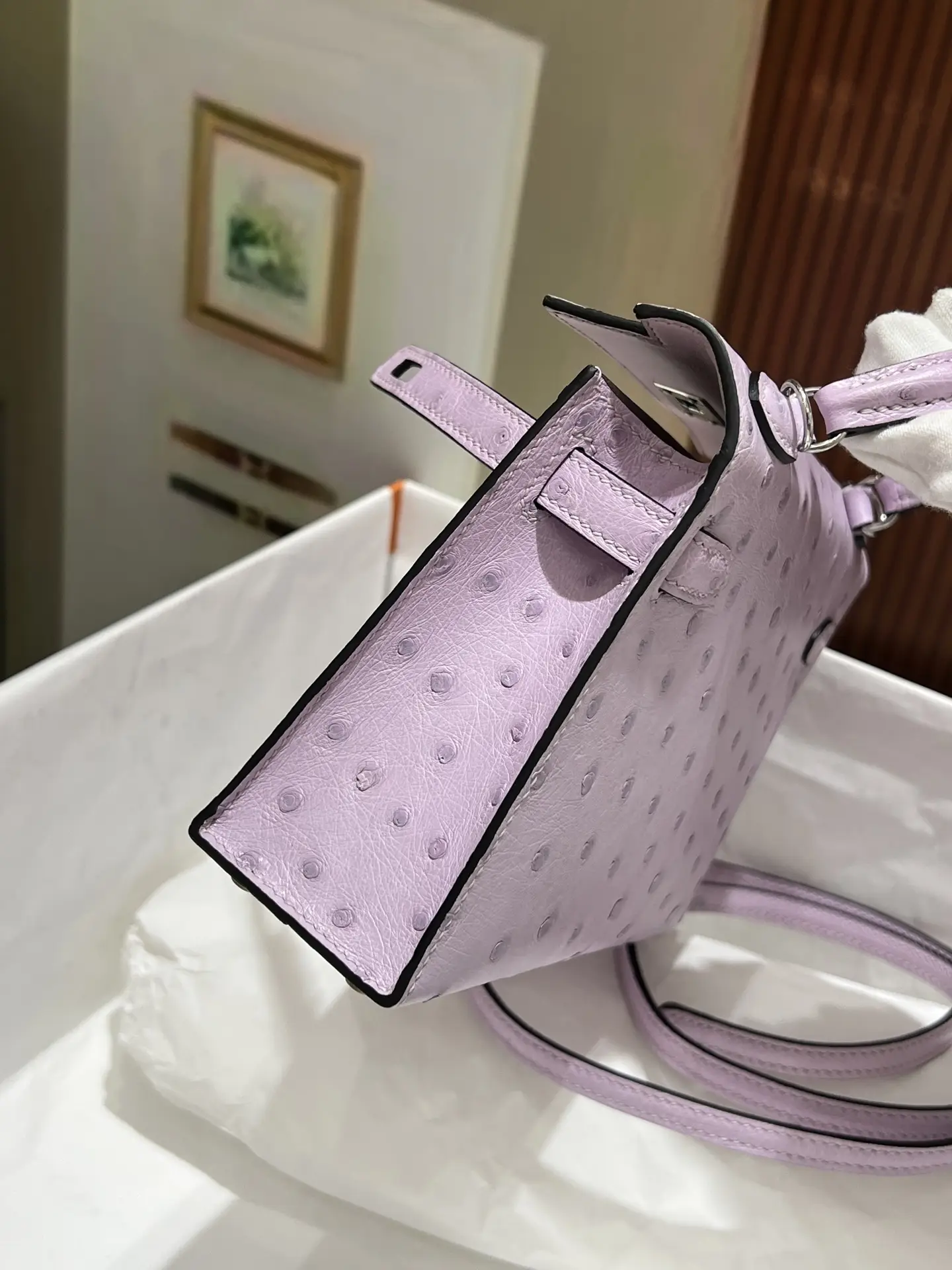 Hermès Kelly Mini bag lilac purple ostrich leather small crossbody with top handle and flap closure