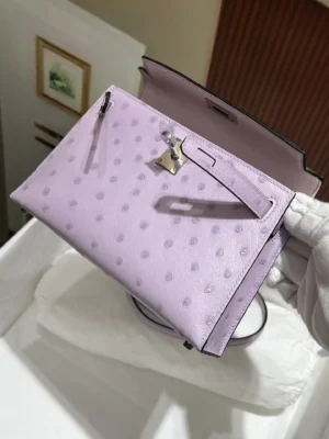 Hermès Kelly Mini 20 lilac ostrich leather handbag silver hardware