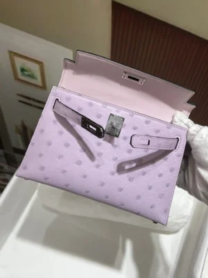 Hermès Kelly Pochette clutch lilac ostrich leather mini bag silver hardware