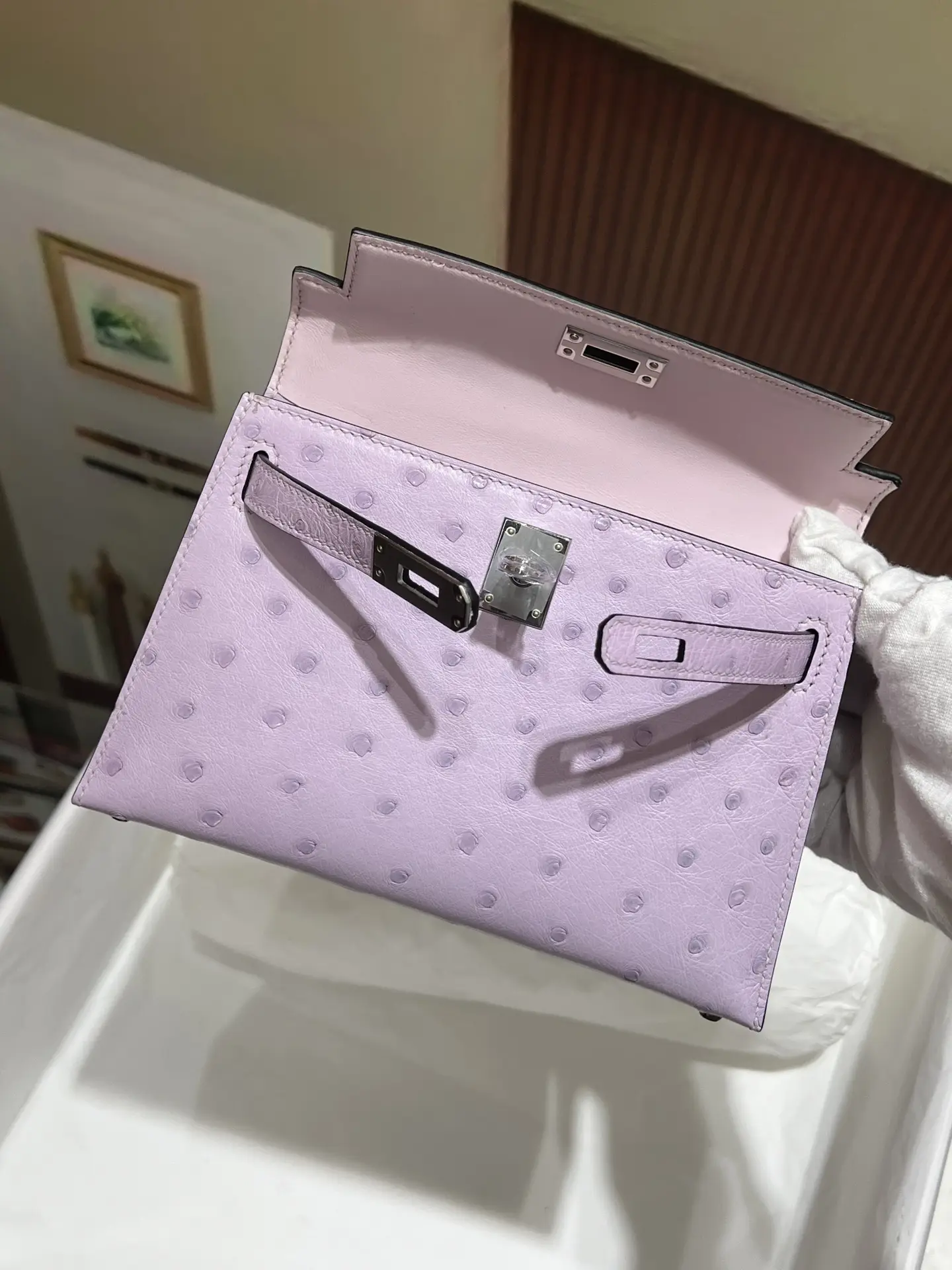 Hermès Kelly Pochette clutch lilac ostrich leather mini bag silver hardware