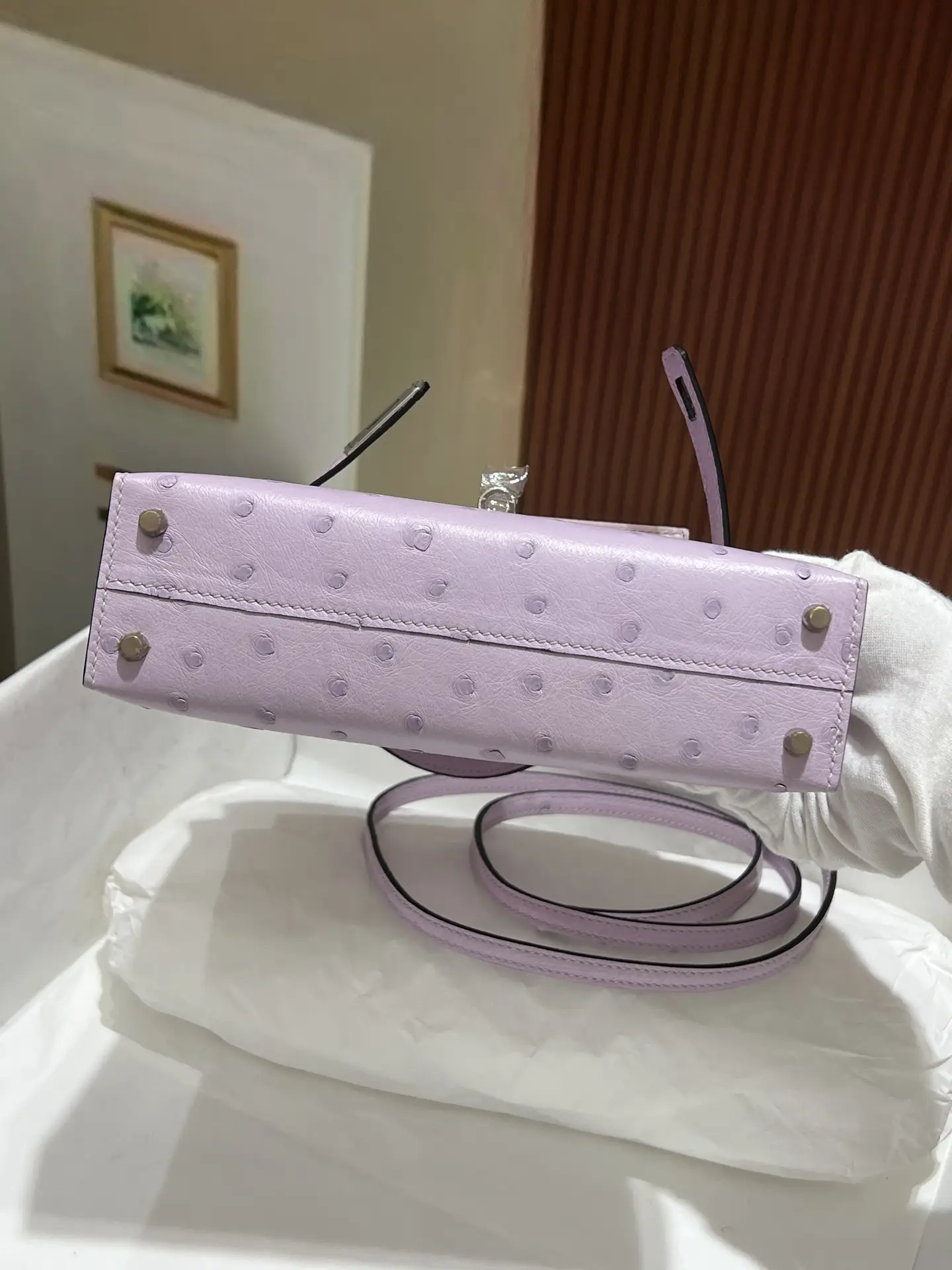 Hermès Kelly Mini 20 lilac ostrich leather crossbody bag silver hardware