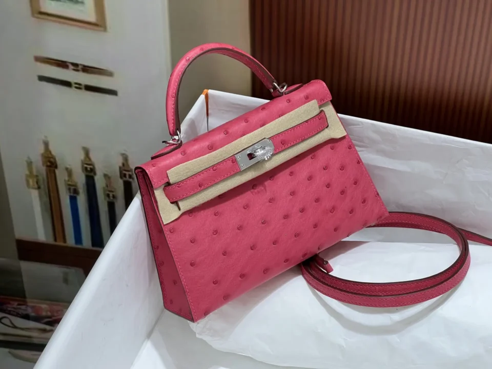 Hermès Kelly 25 handbag pink ostrich leather silver hardware small size