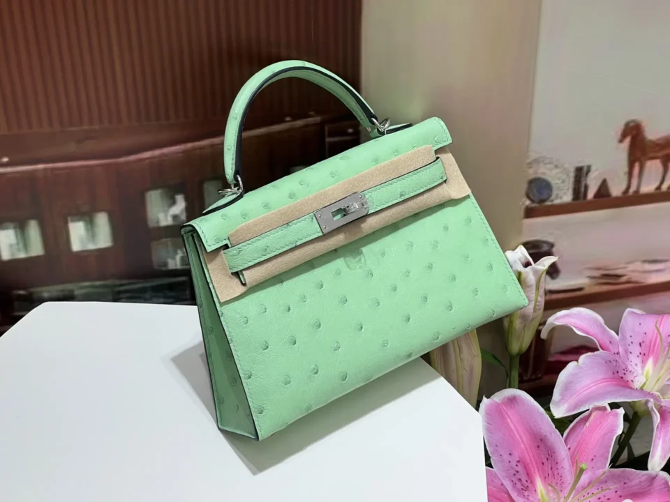Hermès Kelly 28 mint green ostrich leather handbag silver hardware medium size
