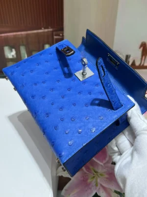 Herm&egrave;s Kelly 25 bag blue ostrich leather with palladium hardware medium size handbag