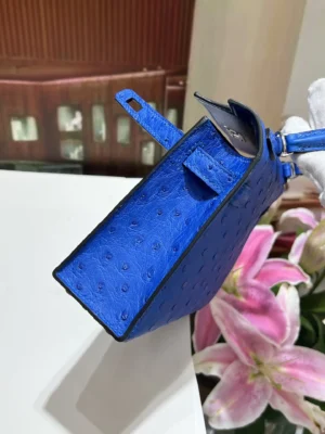 Herm&egrave;s Kelly 25 bag blue ostrich leather with silver hardware small size luxury handbag