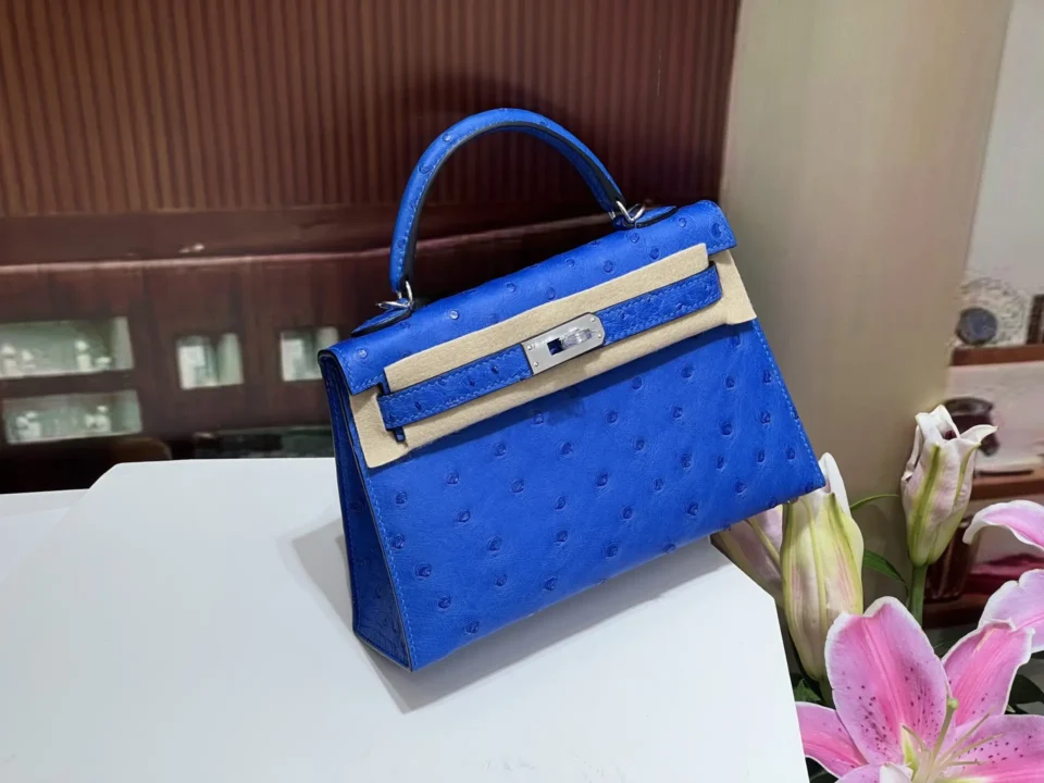 Hermès Kelly 25 blue ostrich leather handbag silver hardware with top handle and flap closure