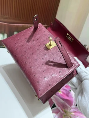 High-quality replica Kelly's second-generation 19CM handbag in wine red KK ostrich skin with gold buckle, showcasing interior and texture details.
