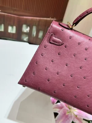 Kelly's second-generation 19CM wine red handbag with gold buckle, crafted from South African imported KK ostrich skin, showcasing premium texture and luxury design details.