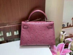Kelly's second-generation 19CM wine red gold buckle handbag made from South African imported KK ostrich skin, displayed with floral backdrop.