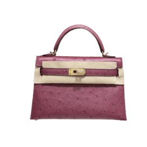 Kelly's second-generation 19CM wine red gold buckle handbag made from South African imported KK ostrich skin, showcasing luxurious texture and craftsmanship.