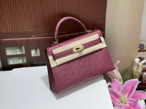Kelly's second-generation 19CM wine red gold buckle handbag made from South African imported KK ostrich skin, featuring a structured design and elegant color combination, displayed with floral accents.