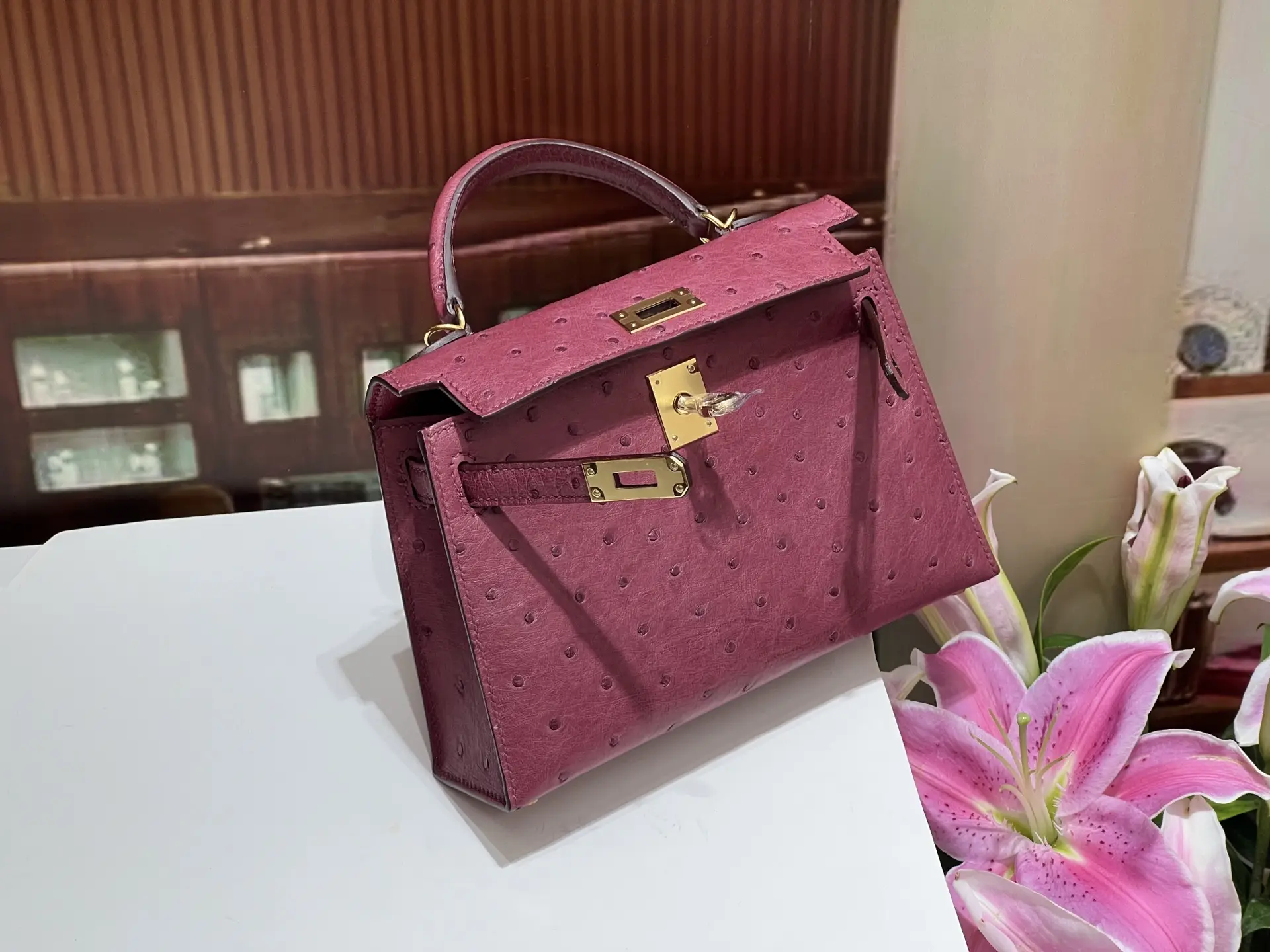 Kelly's second-generation 19CM wine red gold buckle handbag made from South African imported KK ostrich skin, featuring a luxurious design and high-quality craftsmanship.