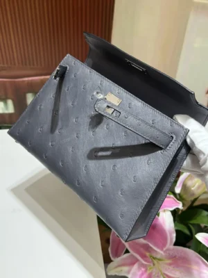 Hermès Kelly 28 gray ostrich leather clutch bag silver hardware small size