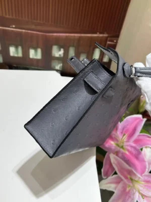 Hermès Mini Kelly 22 gray ostrich leather handbag compact structured design