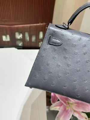 Hermès Kelly 28 grey ostrich leather top handle bag with silver hardware