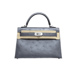Hermes Kelly 28 bag dark grey ostrich leather silver hardware single top handle handbag