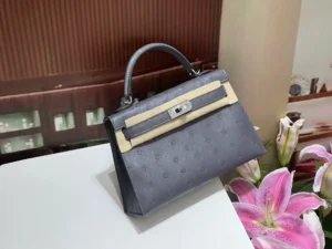 Hermès Kelly 25 ostrich leather handbag grey silver hardware