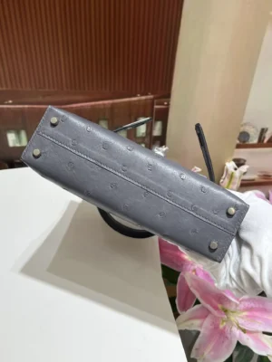 Hermès Mini Kelly Ostrich 20 grey leather handbag with silver studs and top handle